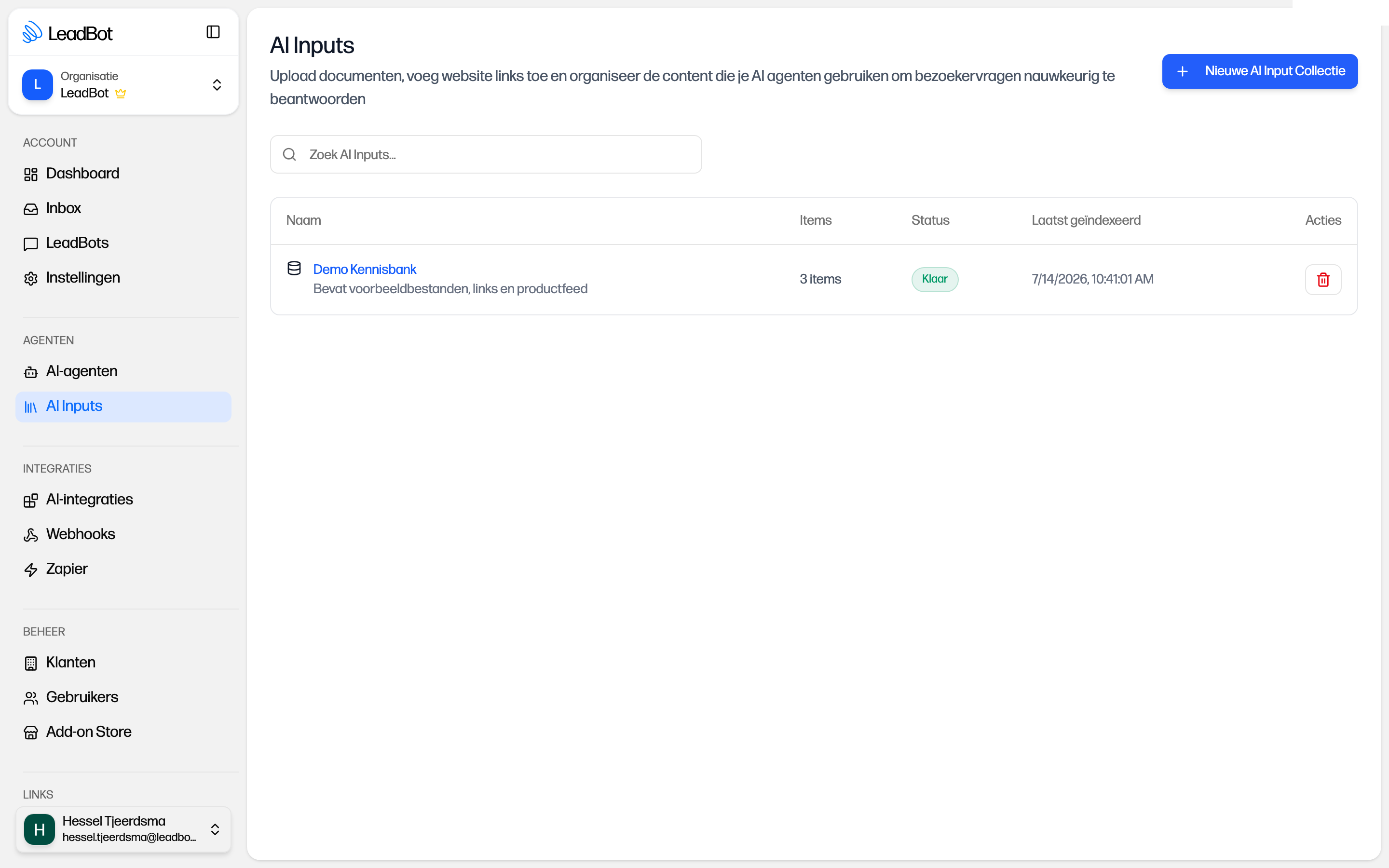 De pagina AI Inputs met een collectie, aantal items, status en laatste indexering