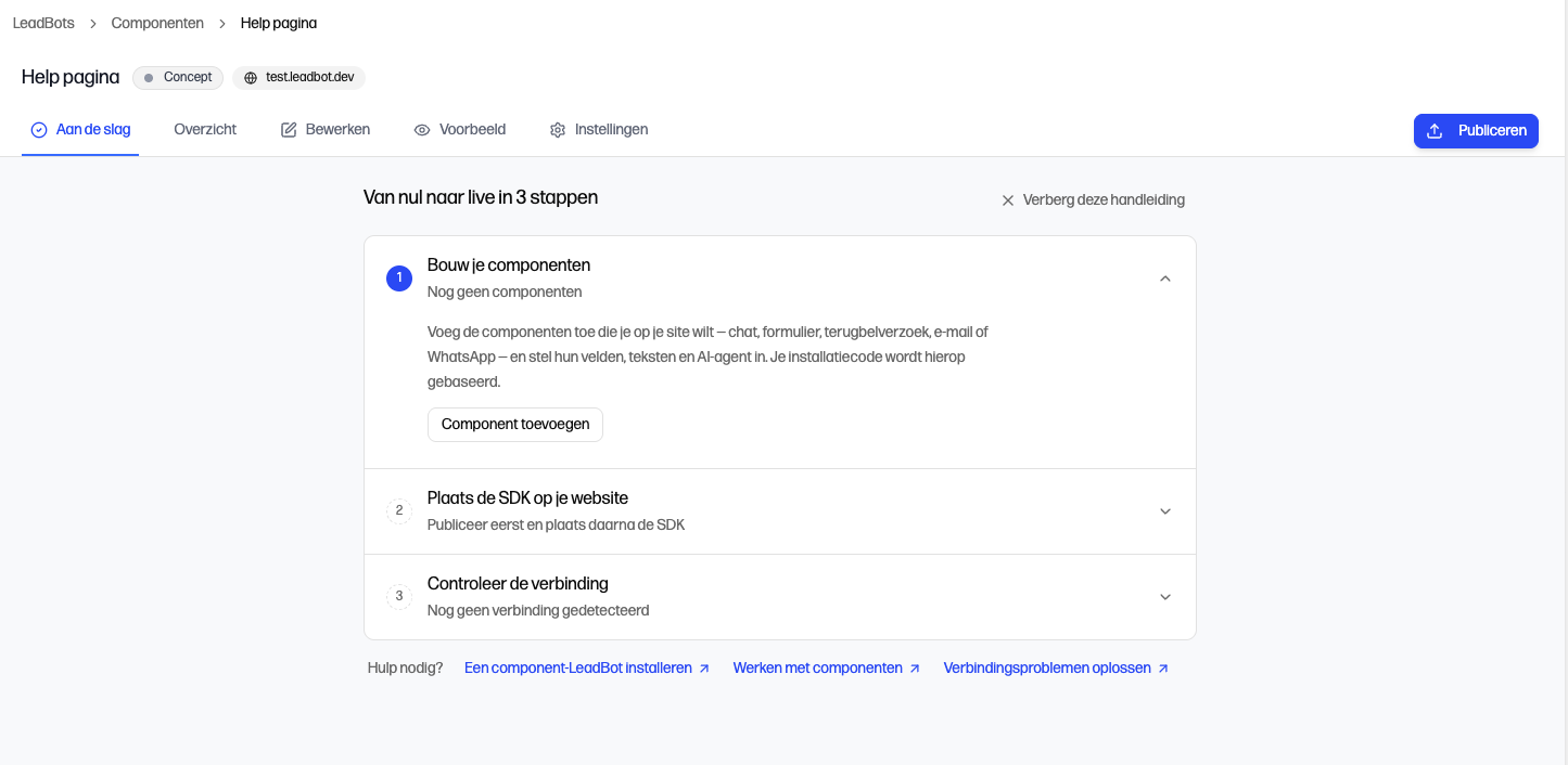 Het tabblad Aan de slag van een component-LeadBot met de drie installatiestappen