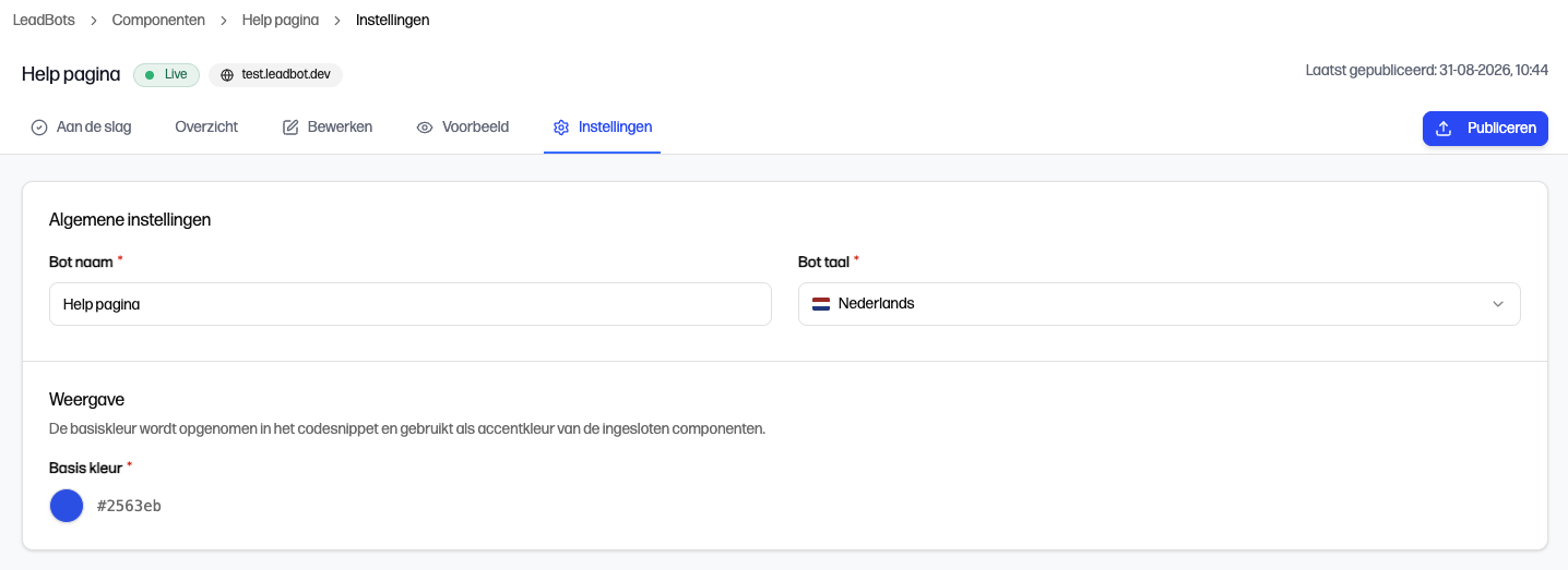 Het tabblad Instellingen van een component-LeadBot met de basiskleurkiezer