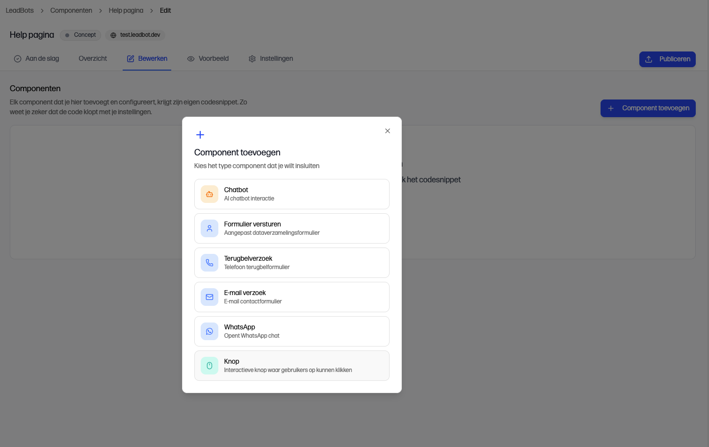 Het venster 'Component toevoegen' met de zes componenttypen