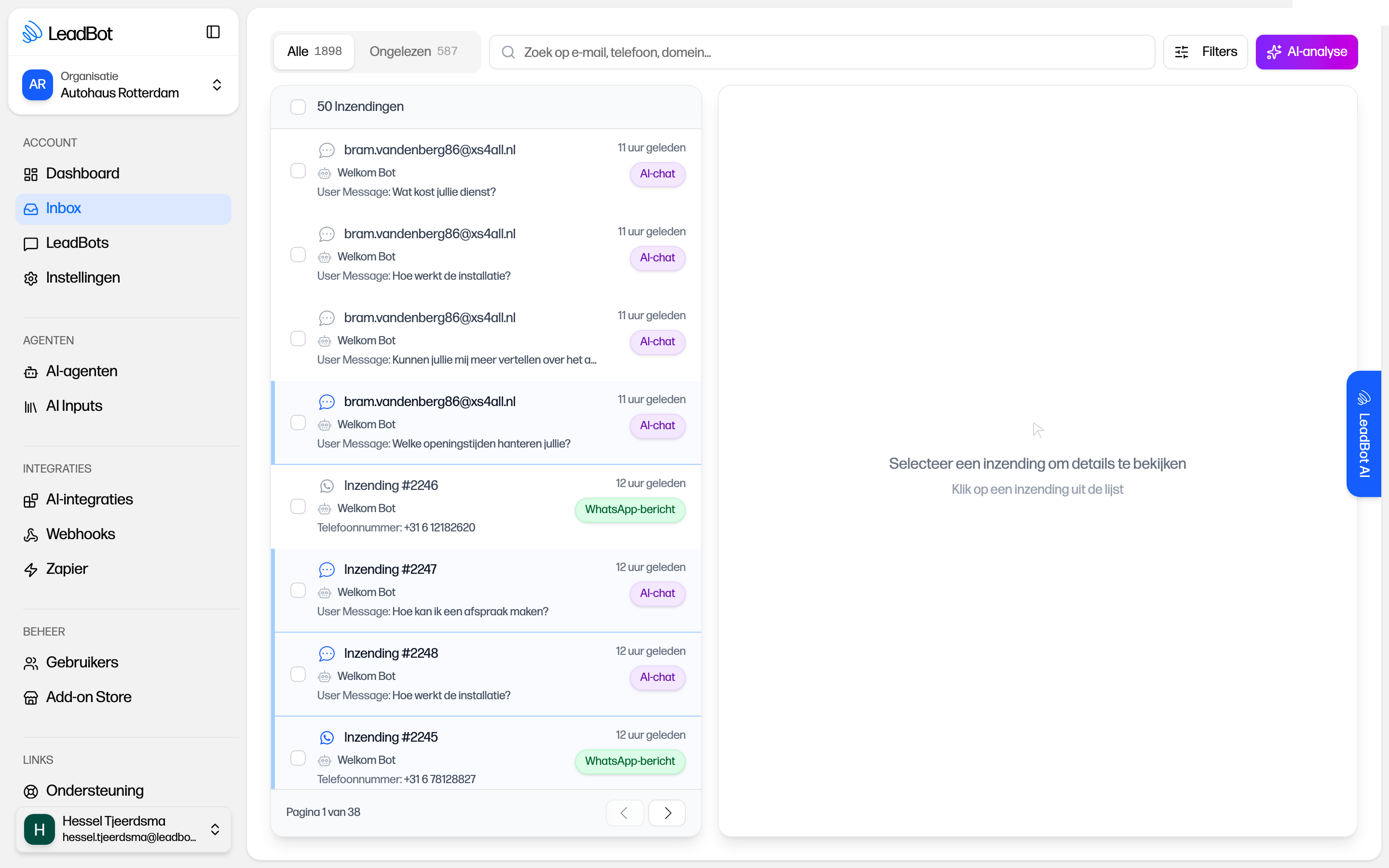 De Inbox met inzendingen van AI-chats en WhatsApp-berichten, filters en zoekbalk