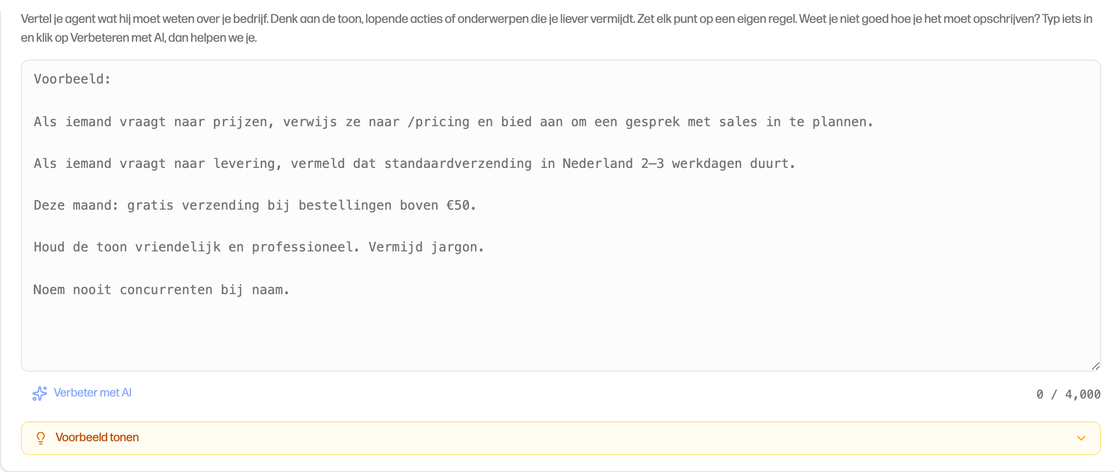 Het veld Extra instructies met daaronder de knop Verbeter met AI