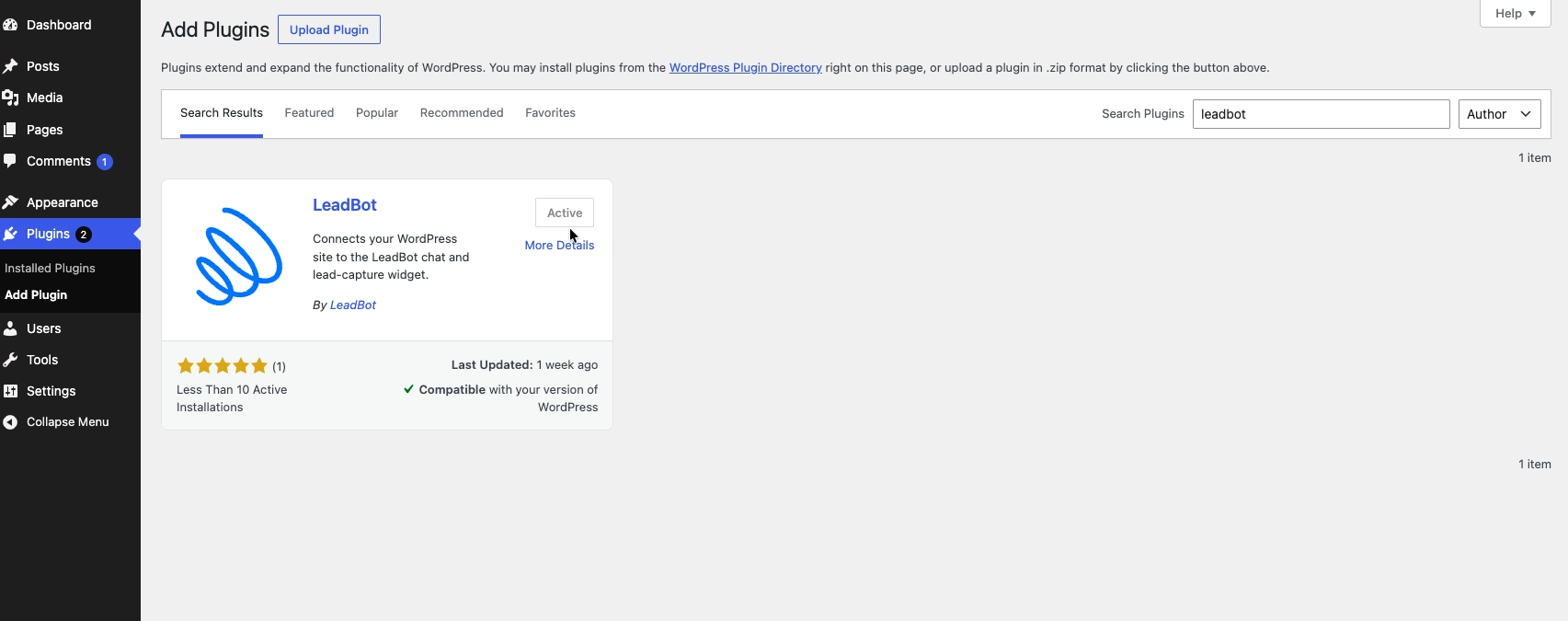 De LeadBot-plugin in de WordPress pluginbibliotheek