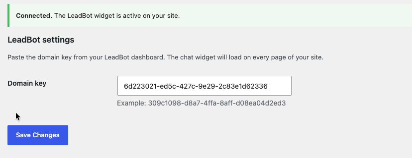 De LeadBot-plugininstellingen met het Domain key-veld en de melding Connected